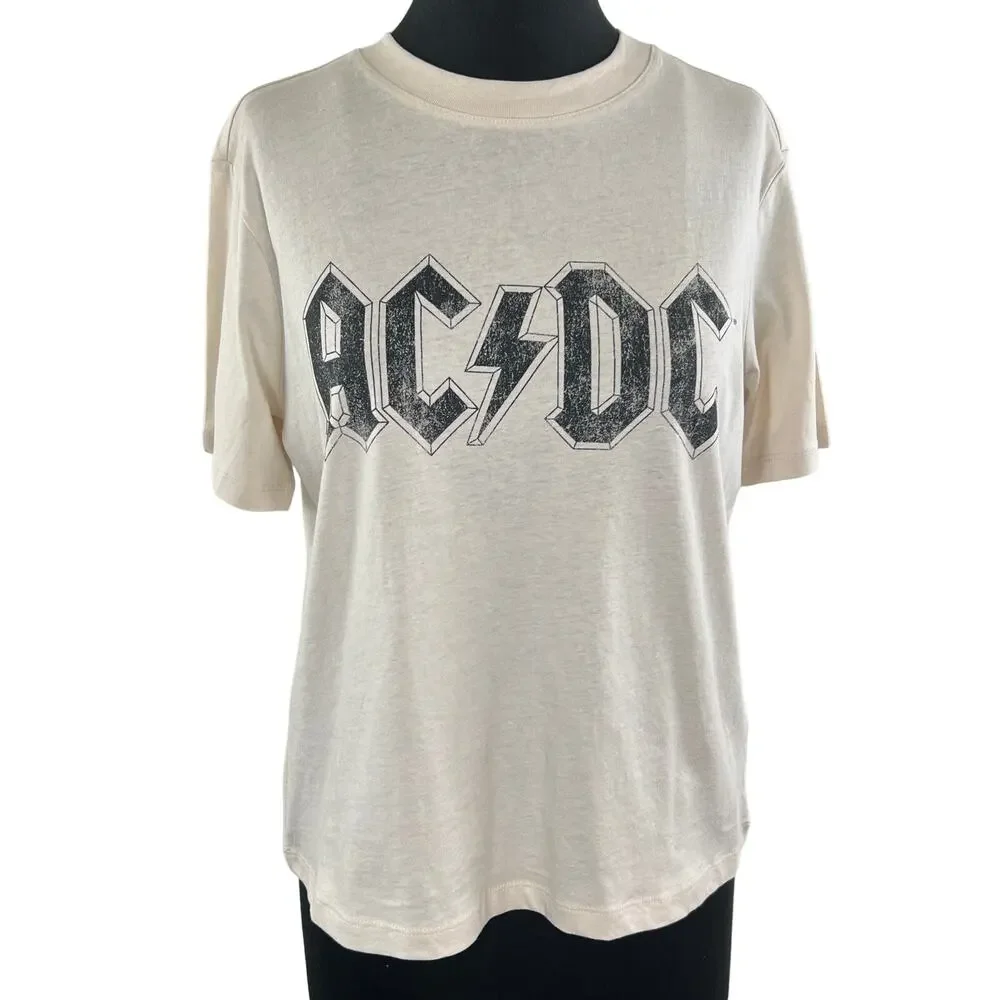 AC/DC x H&M Cream Short Sleeve Crewneck Cotton Graphic Print Tee Size S Small